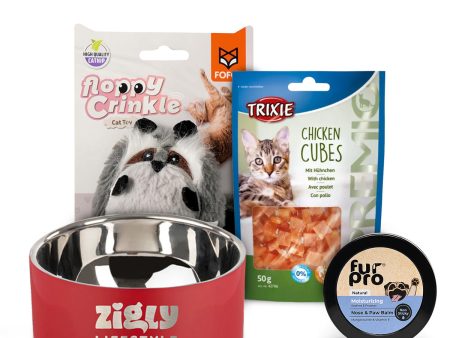 Paws & Presents Cat Bundle: Trixie Chicken Cubes, Fur Pro Paw Balm, Fofos Toy & ZL Double Walled Bowl on Sale