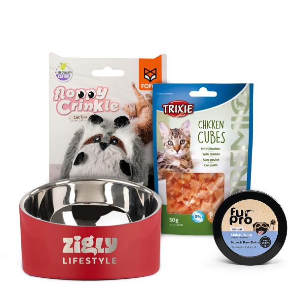 Paws & Presents Cat Bundle: Trixie Chicken Cubes, Fur Pro Paw Balm, Fofos Toy & ZL Double Walled Bowl on Sale