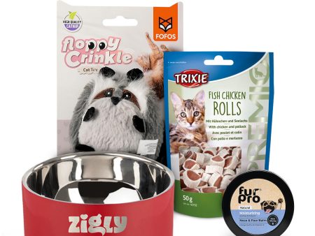 Ultimate Meow Bundle: Trixie Fish Chicken Rolls, Fur Pro Paw Balm, Fofos Toy & ZL Double Walled Bowl Cheap