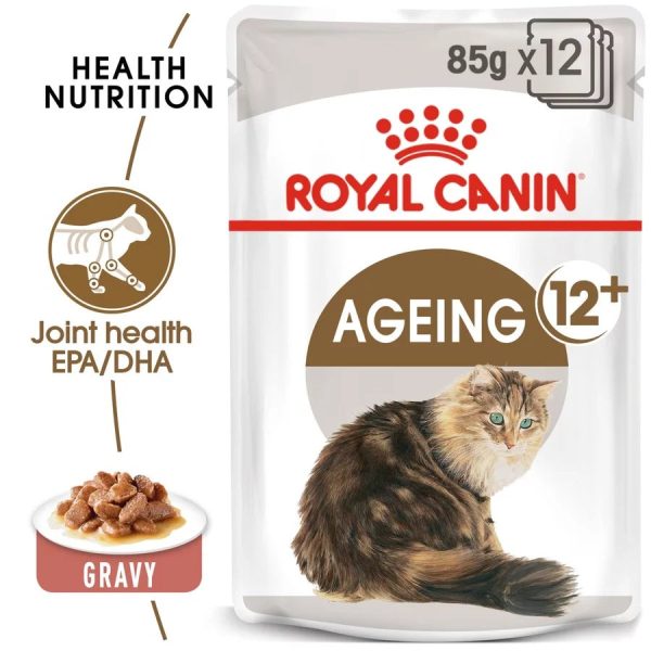 Royal Canin Senior Ageing 12+ Thin Slices in Gravy Wet Cat Food (85g x 12 Gravy Pouches) on Sale