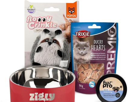 Cat Joy Holiday Bundle: Trixie Duck Hearts, Fur Pro Paw Balm, Fofos Toy & ZL Double Walled Bowl Supply