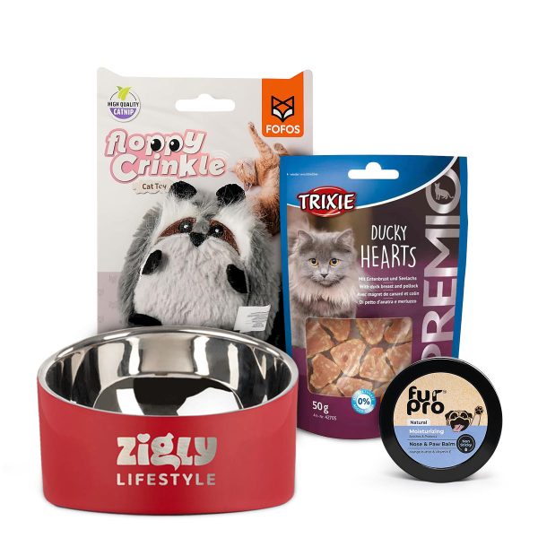 Cat Joy Holiday Bundle: Trixie Duck Hearts, Fur Pro Paw Balm, Fofos Toy & ZL Double Walled Bowl Supply