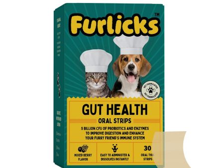 Furlicks Gut Health Supplement for Dogs & Cats - Healthy Gut Flora & Diarrhea & Bowel Support (30 Oral Dissolving Strips) Online Hot Sale